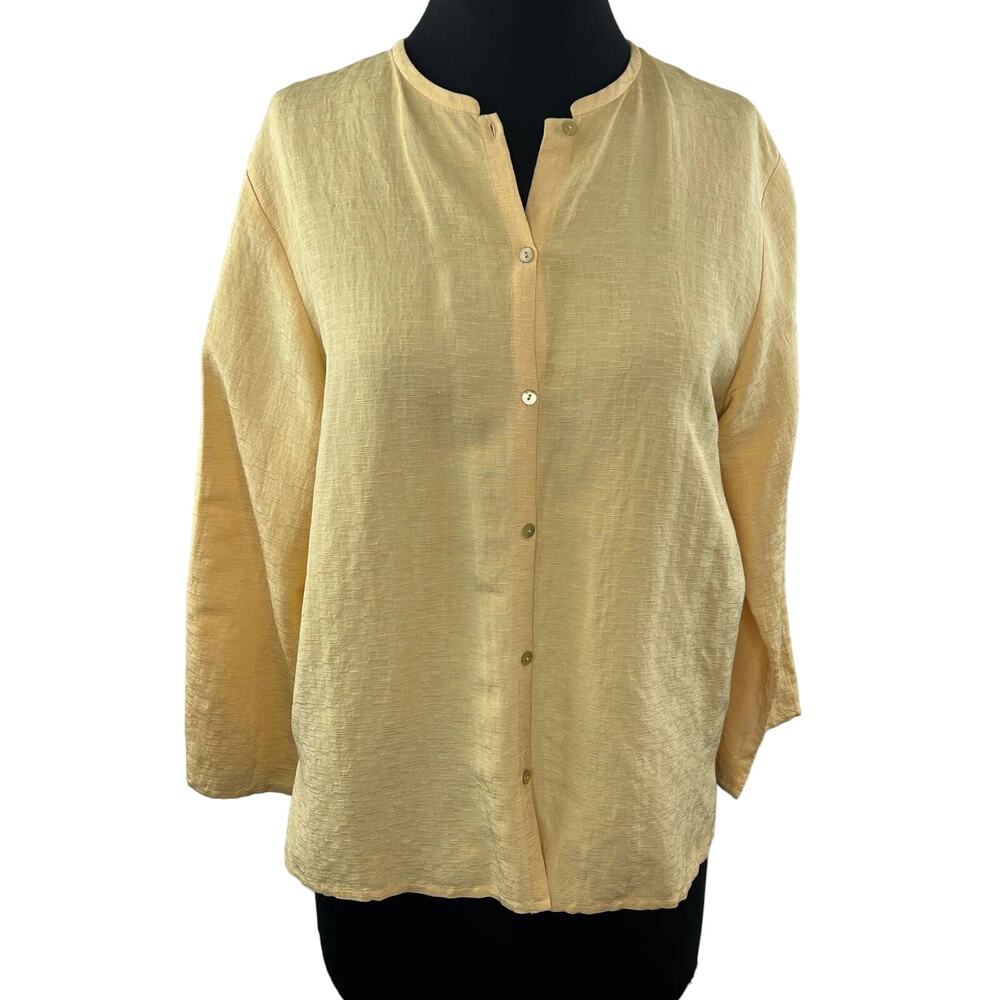 EILEEN FISHER Yellow Textured Silk & Cotton Button-Up Long Sleeve Shirt Top M